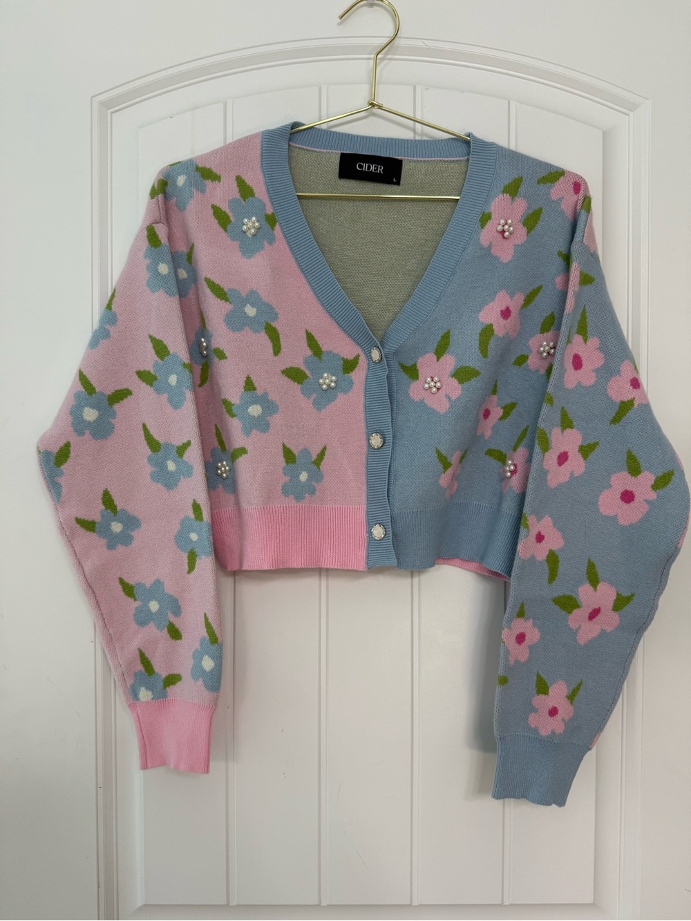Cider Pastel Pink & Blue Floral Pearl-Button Cropped Cardigan Coquette Feminine